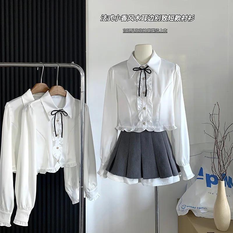 

Fashion Ruffled Lace Up Sweet Chic Button Up Shirt Women 2024 Spring New Elegant Blouse Casual Solid Color Long Sleeve Top