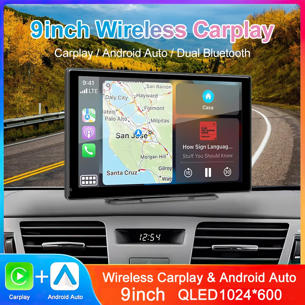

9-дюймовый универсальный портативный Carplay Android Auto для автомобильного экрана Беспроводной экран Carplay Беспроводная автомобильная стереосистема 1 2 din MP5 Audio