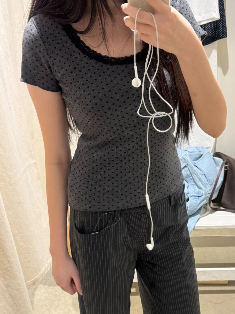 

Тонкие футболки в горошек, женские хлопковые футболки с кружевной отделкой и круглым вырезом, короткие рукава, темно-серые винтажные уличные футболки, милые футболки Y2k Top