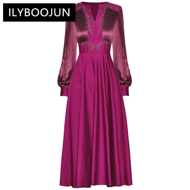 

ILYBOOJUN Fashion Runway Women's V-Neck Lantern Long Sleeve Persian Grass Hand-Nail Beads Big Swing Closed Waist In Dress