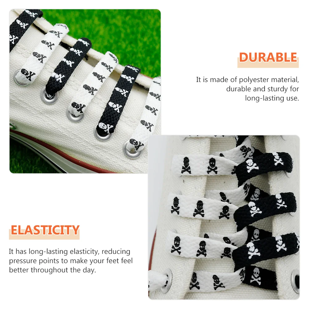 2 Pair Flat Shoelace Rope Laces Thick Goth Skull Pattern Sneaker Accessories Polyester For Men Women Black White