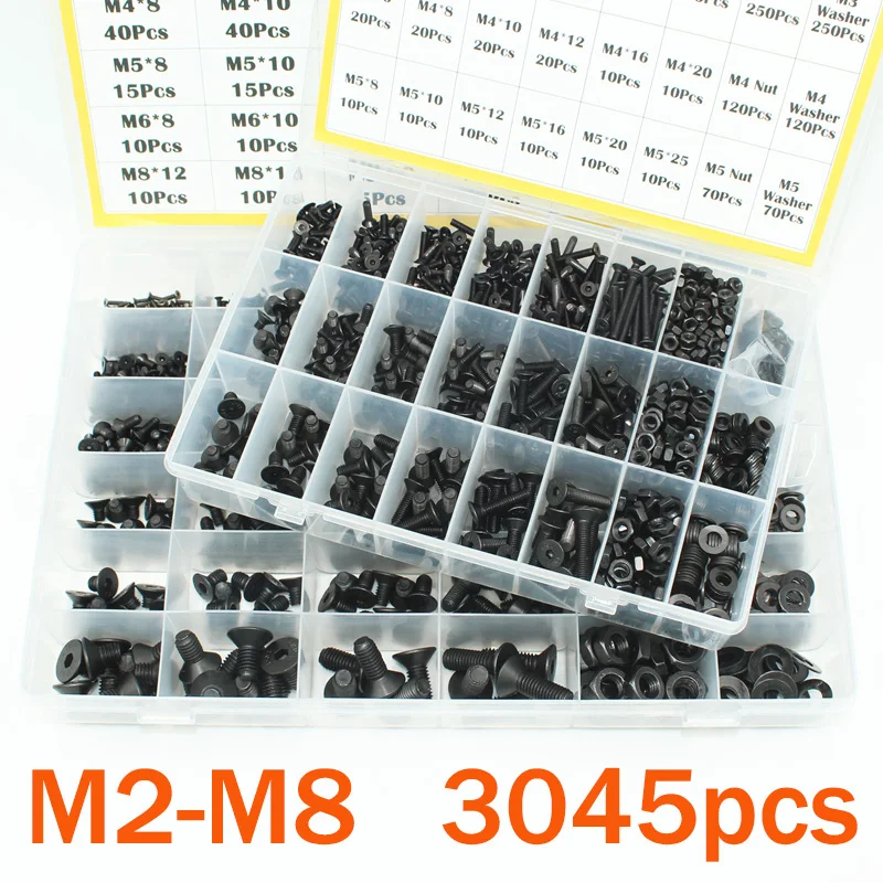 

Up to 3045 Flat Head Countersunk Socket Cap Screws Nuts Washer Kit M2 M2.5 M3 M4 M5 M6 M8 Carbon Steel Bolts and Nuts Hex key