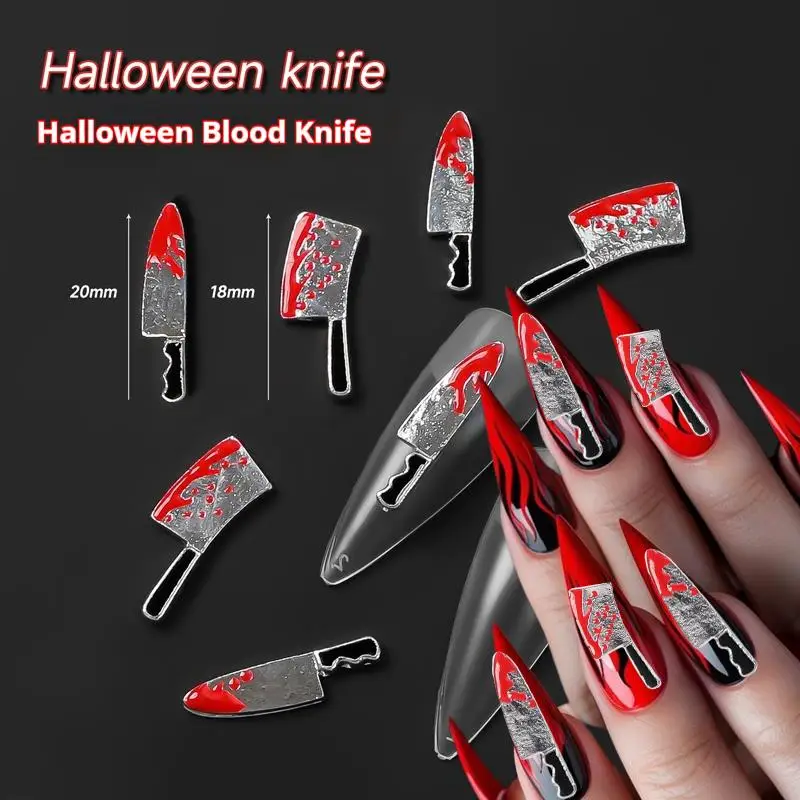 10Pcs 3D Halloween Blood Knife Nail Charms 18/20mm Punk Metal Knives Nails Art Decoration 2Styles Emulate Blood Knife Alloy Part