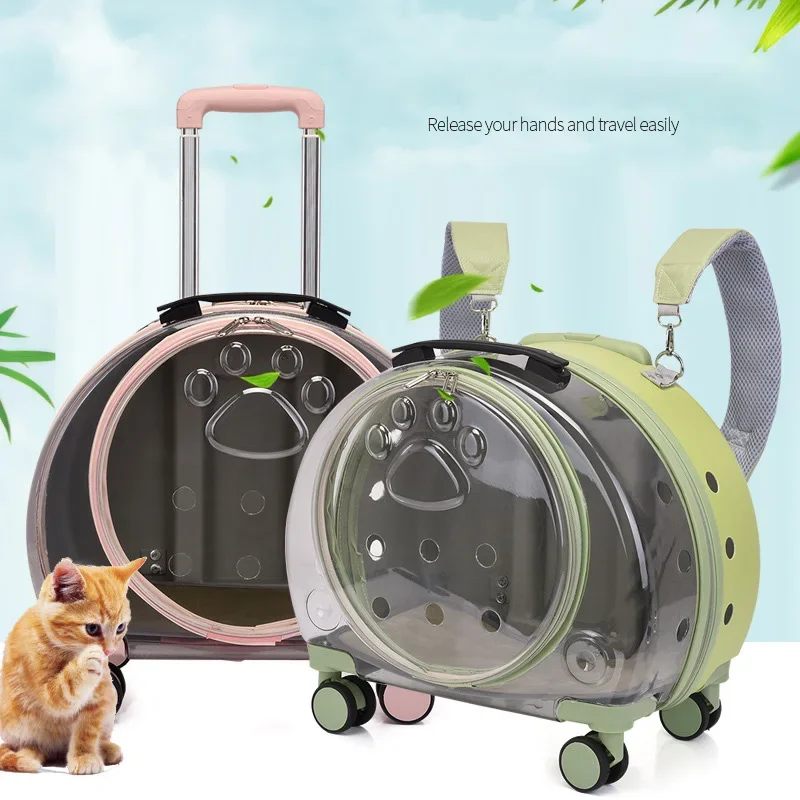 Pet Trolley Carrier On Wheels Fully Transparent Pet Trolley Carry Bag Shoulder Belt Pet Dog Travel Bag