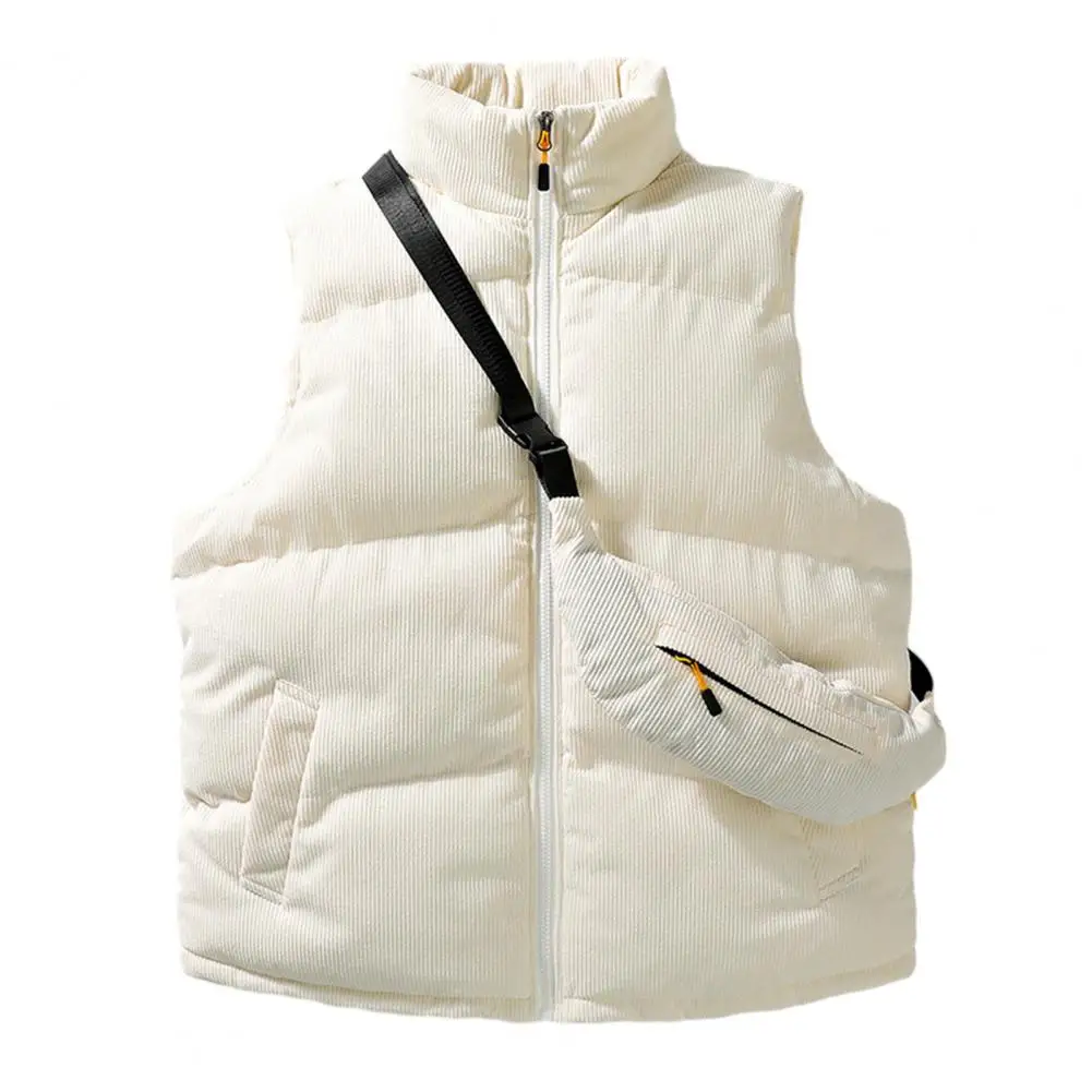 

Winter Men Cotton Vest Sleeveless Padded Pockets Warm Cardigan Waistcoat with Chest Bag