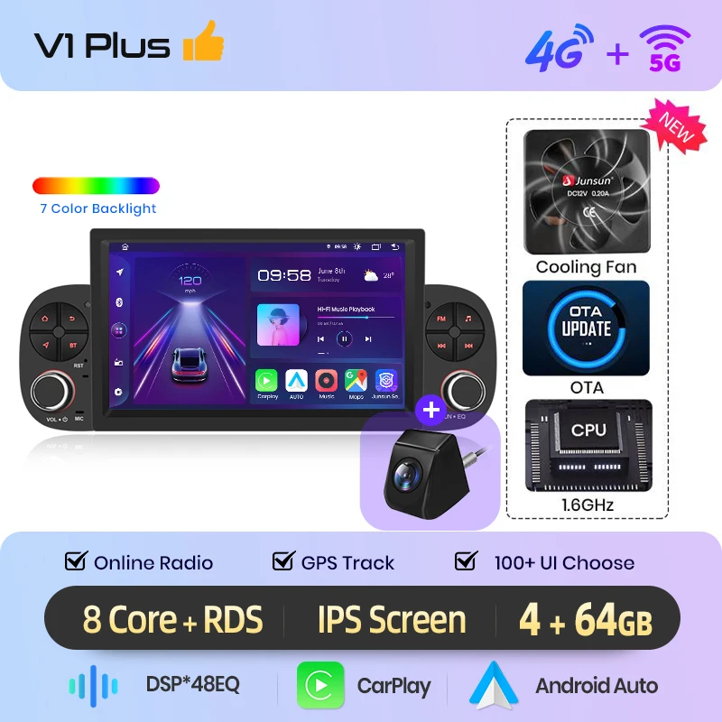 Junsun 7" draadloze CarPlay Android Auto autoradio voor Fiat Panda 2013 2014 2015-2020 Multimedia draadloos Apple CarPlay slimme intelligente systemen IPS touchscreen stereo videospeler 2 Din