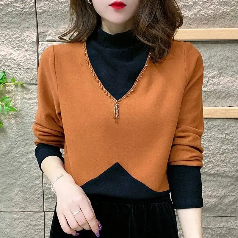 Women's Autumn Winter Fashion Half High Neck Patchwork Dingzhu Versatile Long Sleeved Slim Fit Fake Two Piece T-shirt Tops