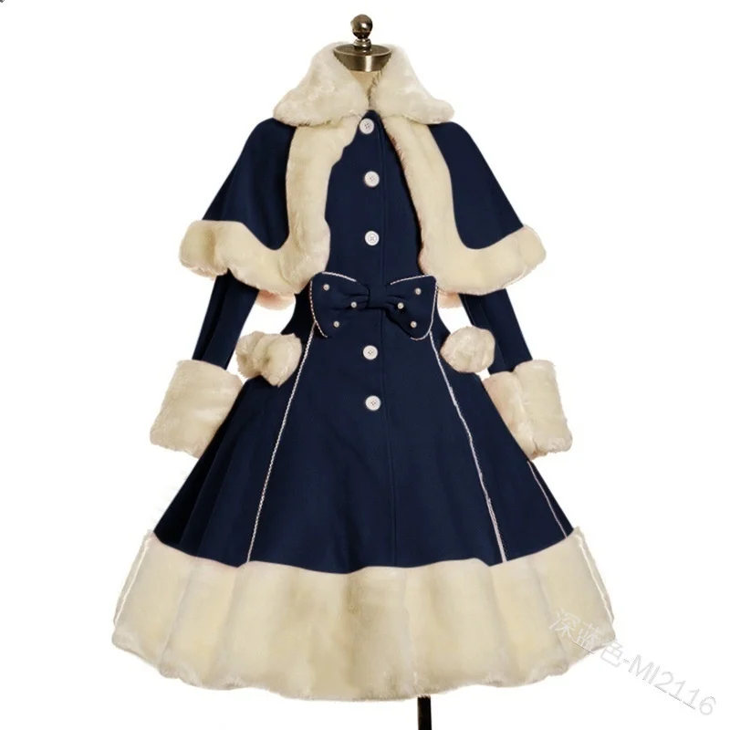 2021 New Women Dress Lolita Dress Girl Skirt Winter burr Lapel Cape  Waist Closing Thickened Princess Dress Vintage Lolita Dress