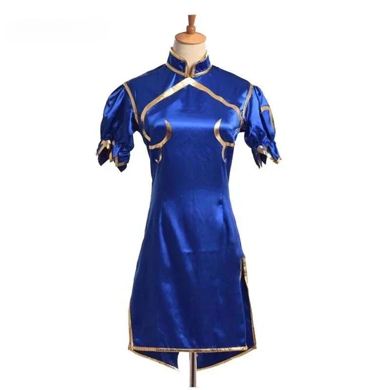 게임 Chun Li 코스프레 의상 할로윈 파티 블루 Cheongsam 드레스 벨트 헤드 기어 여성용 의류 역할 놀이