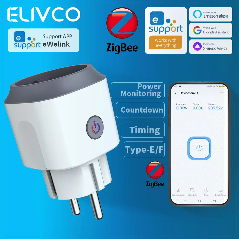 

Умная розетка eWelink Zigbee EU с мониторингом энергопотребления, таймером обратного отсчета, поддержкой Home Assistant, Google Assistant, Alexa, Алиса.