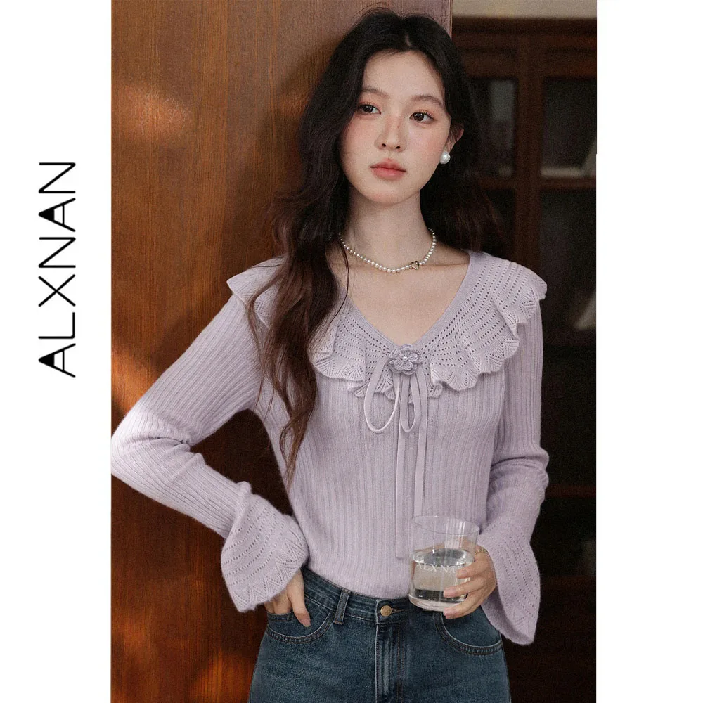ALXNAN Purple Knit Sweater Women 2026 Autumn Flared Sleeve Waist Fitted V-neck Pullover Fashion Elegant Female Jumpers L679127A