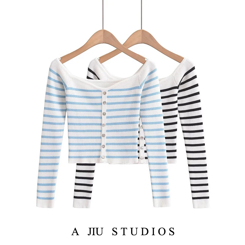 

Женский облегающий вязаный топ Pure Desire с открытыми плечами, в сине-белую полоску, с коротким рукавом, базовый слой для весны и осени