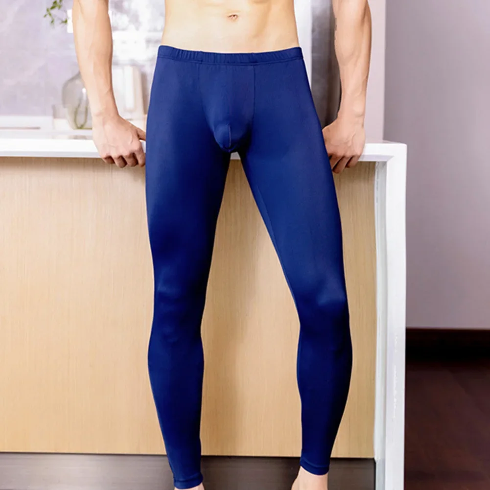 Autumn Men Thermal Pants Sexy Middle Waist Lounge Home Underwear Tight Bugle Pouch Lingerie Solid Warm Bottoms Elastic Pajama