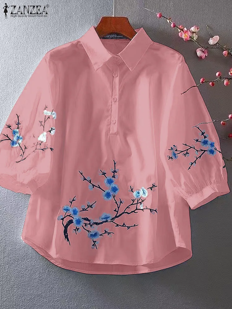 

ZANZEA Summer Floral Embroidery Blouse Women Lapel Neck 3/4 Sleeve Blusas Fashion OL Work Tops Elegant Buttons Up Shirts Mujer