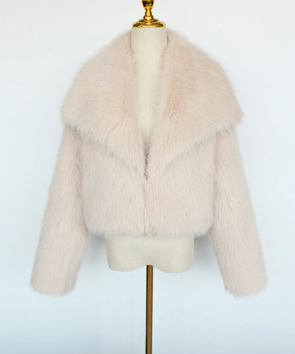 Modny damski krótki płaszcz ze sztucznego futra lisa, pluszowy płaszcz futrzany z długim rękawem, szeroki kołnierz, zimowe kurtki ze sztucznego futra.