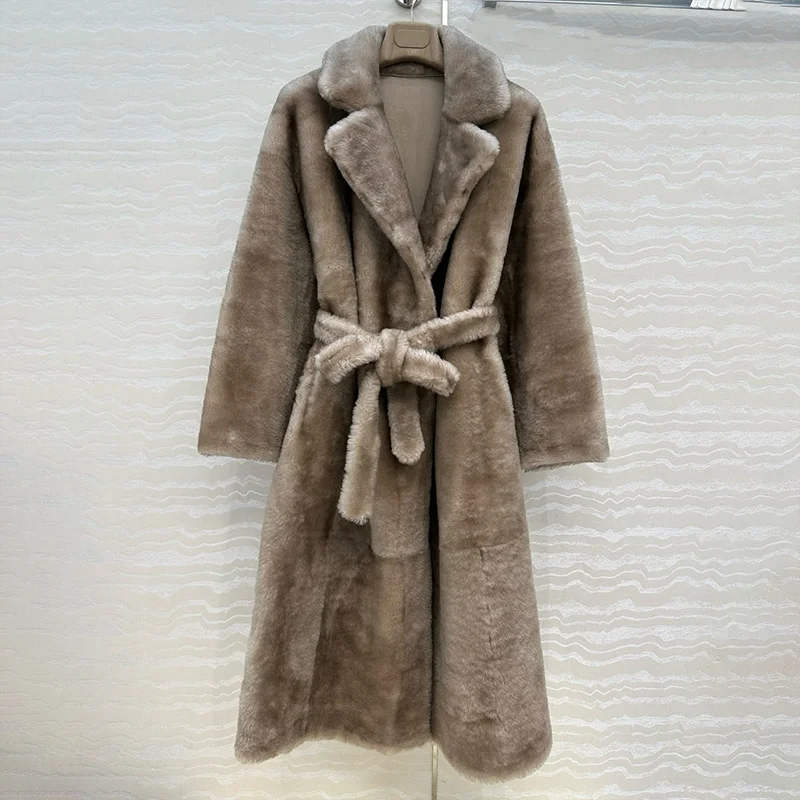 معطف صوف طويل للسيدات من الجلد الداخلي الأنيق على الطراز الكوري عالي الجودة مع ربطة خصر ملابس نسائية شتوية 25110804 #3