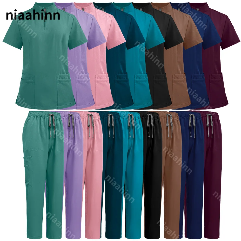 Uniformes médicos con cuello en V para mujer, conjunto de borlas para enfermera, ropa de trabajo para médico de Hospital, uniforme de trabajo para cirugía Dental Oral, uniforme de trabajo de manga corta