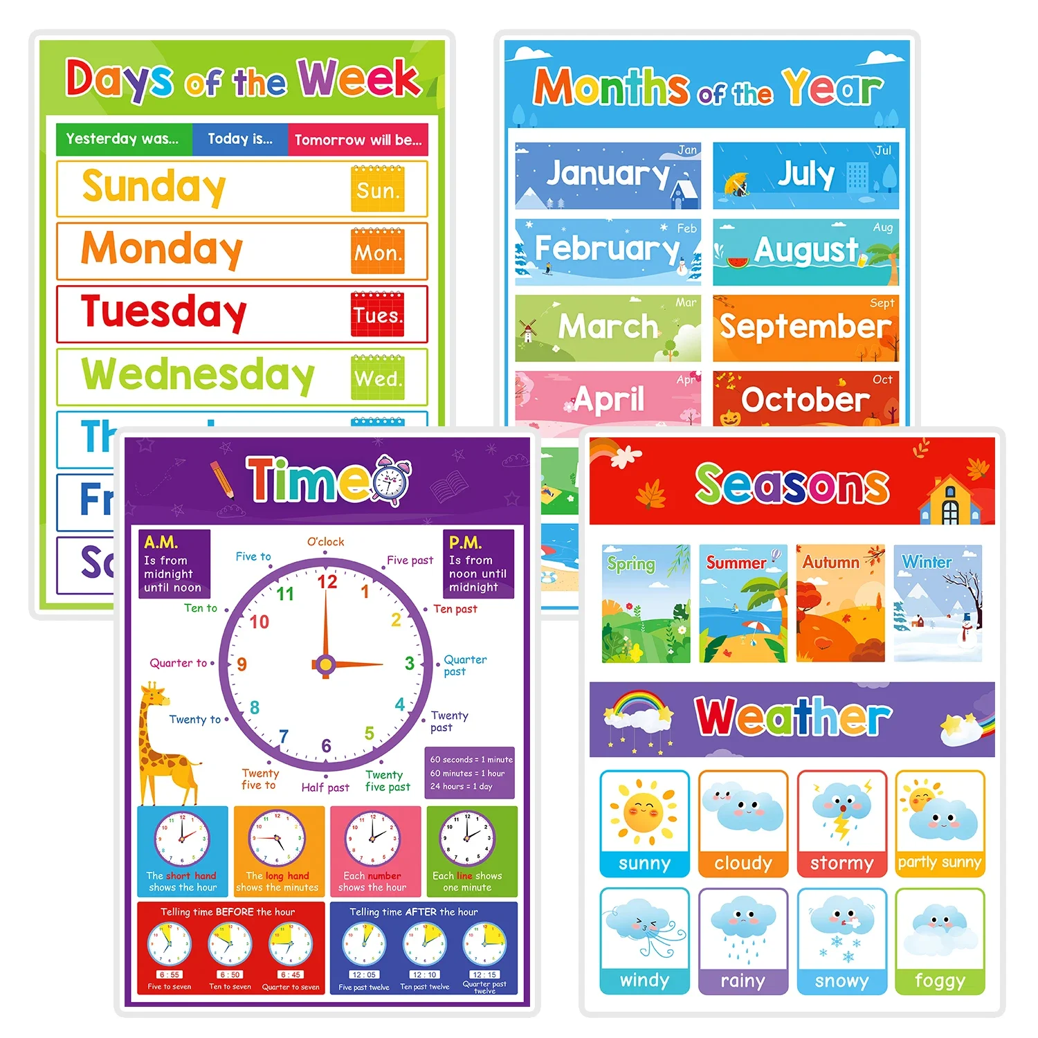 Children\'s Learning English Chart Fruit/ Color/ Animal/ Body Part /Number and Letter Big Card A4 Poster Classroom Decora for kid