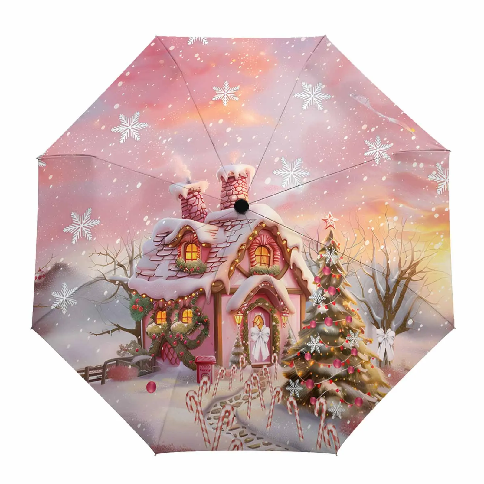 Christmas Candy House Snow View Countryside Outdoor Beach Printed Rain Umbrella for Women Fully-automatic Foldable Sun Umbrella