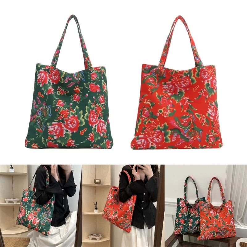 Ethnic Vintage Chinese Style Flower Pattern Shoulder Bag Women Girls Casual Large Capacity Handbag Travel Dating Shopping Tote