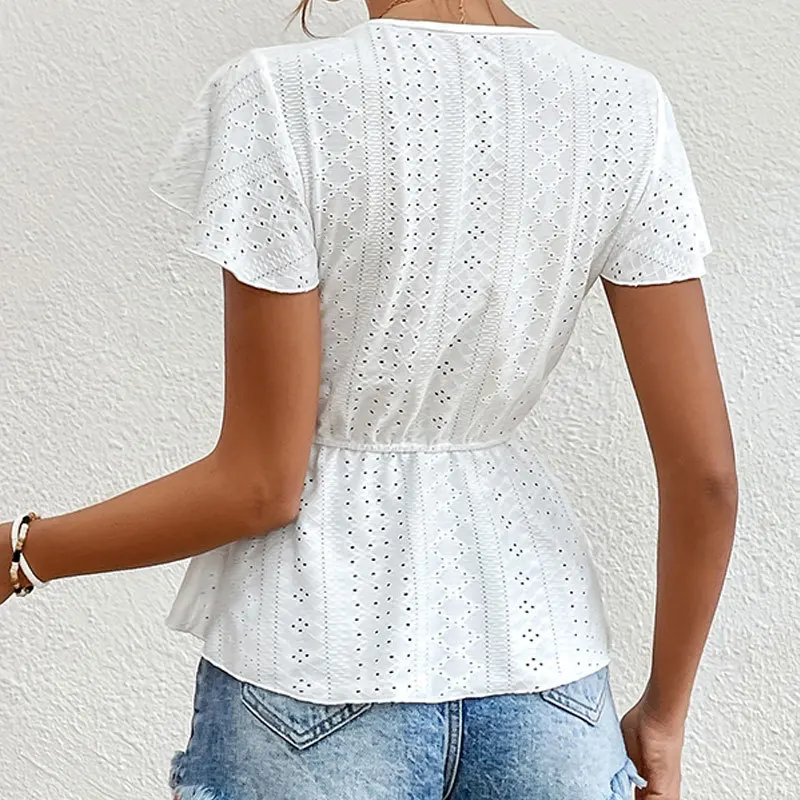 Fashion Lace See-through V-neck Short Sleeve Blouse Women 2024 Casual Spring Summer Stretch Shirts Ladies Tops Mujer Elegant