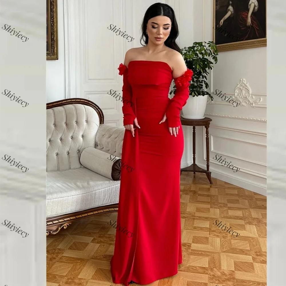 Sexy Strapless Detachable Sleeves Evening Dress Red Jersey 3D Flowers Prom Dress Sweep Train High Qualiry Formal Party Gown 2024