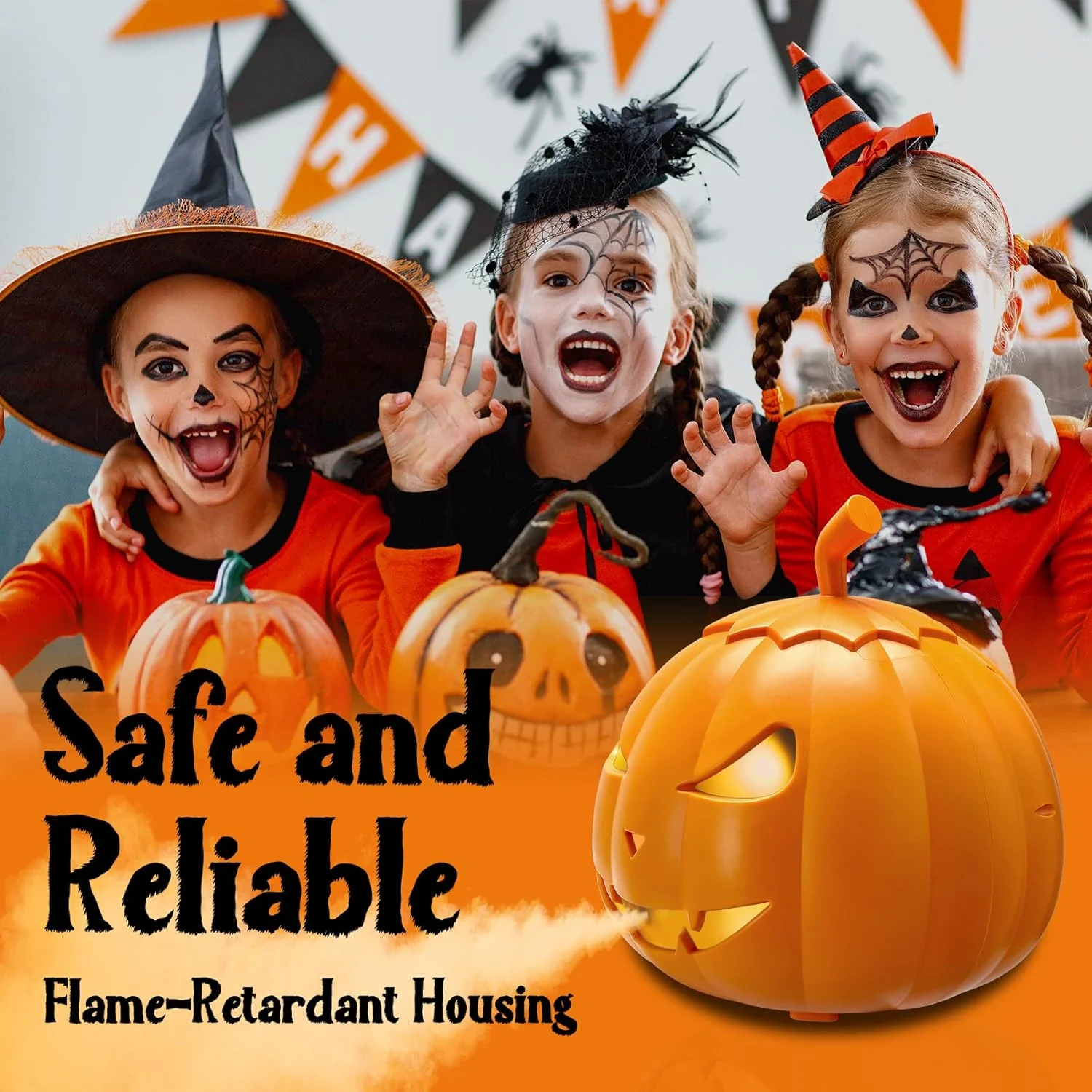 600W LED Pumpkin Fog Machine 6x3W 3in1 LED 500ml Tank 3500CFM Output Wireless Remote Ideal for Halloween Parties and Stage Event