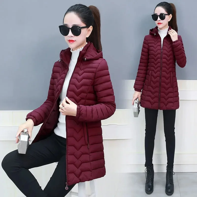 

thin Warm Down Cotton Jacket Women Winter Parkas New fashion Hooded Mid-Length Padded Coat Middle-aged Mom slim overcoat T526