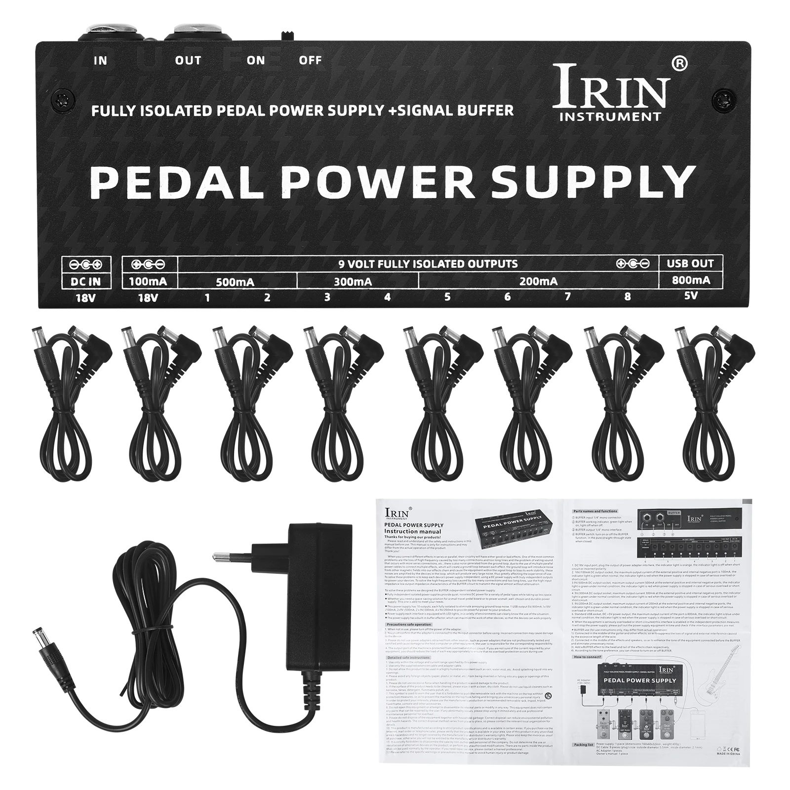 IRIN PW-2 Electric Guitar Pedal Power Supply Guitar Effect Pedal Power Supply 10 Isolated Output Anti-interference 9V Output