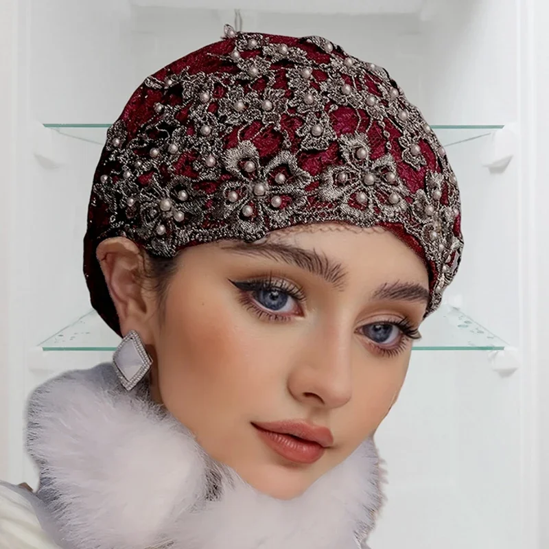 

Breathable Lace Beading Turban Hat Summer Female Head Wraps Caps Muslim Women Headscarf Bonnet Ready To Wear Inner Hijabs