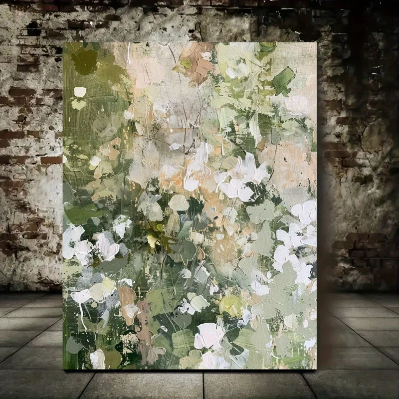 Abstract Botanical Canvas Art - Beige & Green, Thick Brush Strokes, Loose Gestures, Wooden Frame - Perfect for Living Room Decor