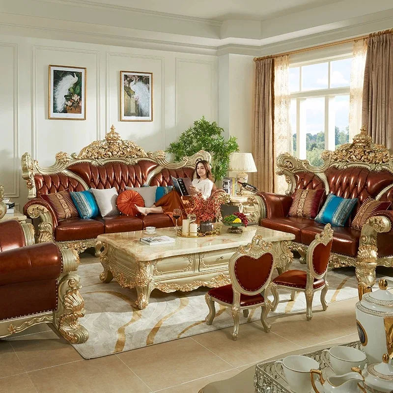 European-style Solid Wood Carved First Floor Leather Luxury Villa Large Apartment Living Room Sofa