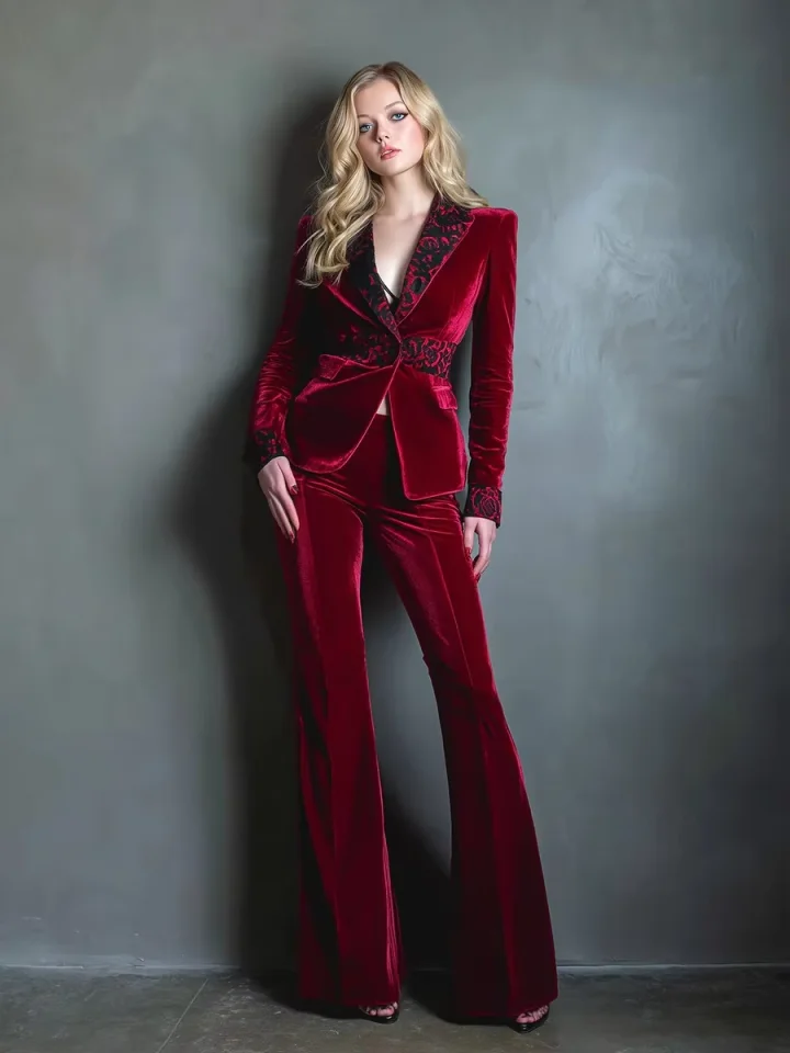 Elegant Velvet Women's Blazer 2-Piece Set  Lace Trim Detail V-Neck Belted Waist Flared Pants for Formal Party Event Customized