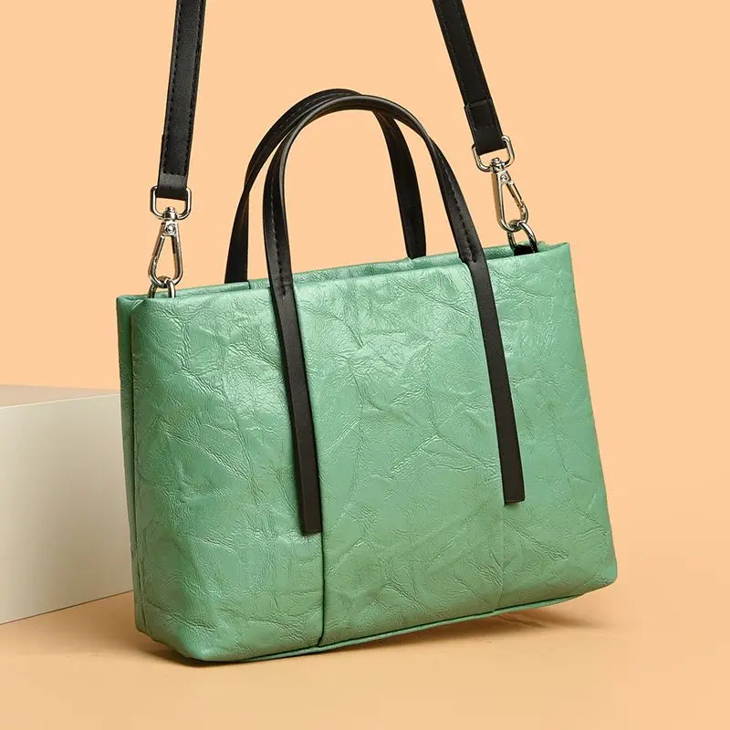 2024 Fashion Horizontal Square Large Capacity Tote Bag Folded Leather Pattern Casual Versatile Handheld Shoulder Bag For Women