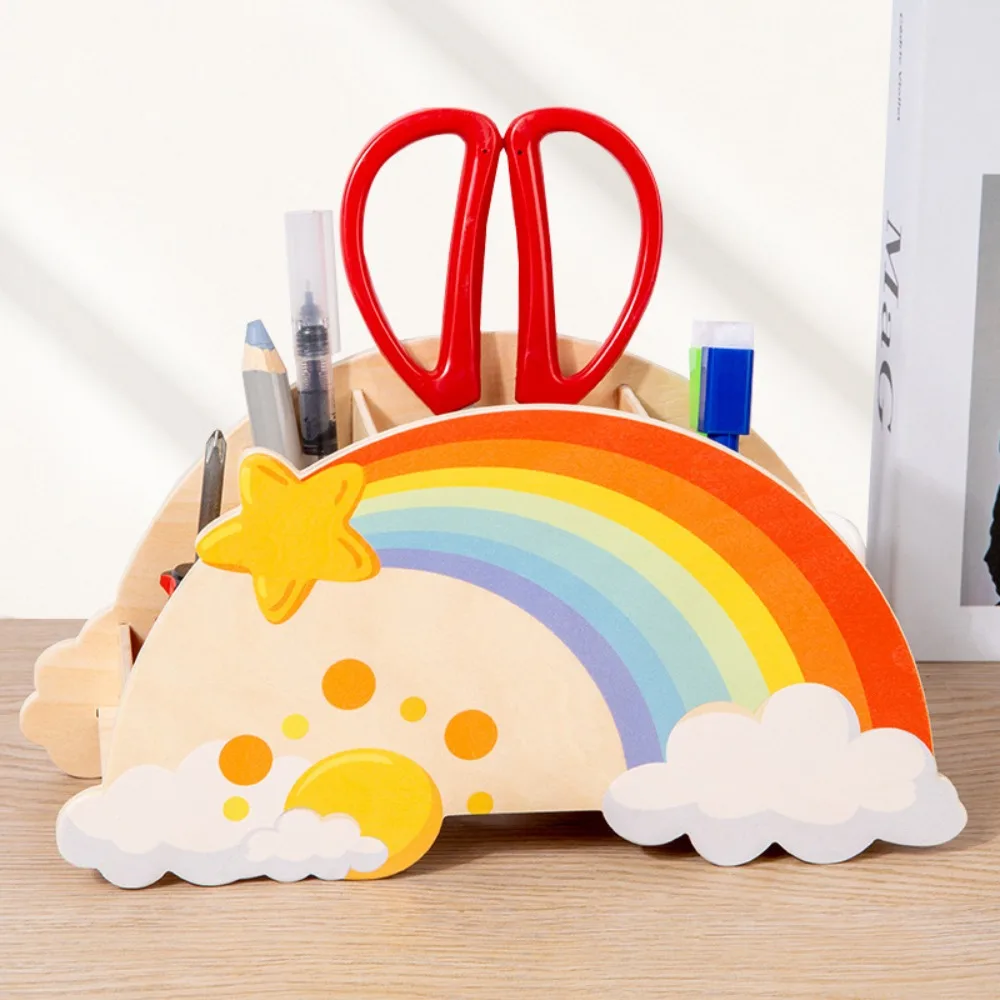 

Cloud Rainbow Pen Holder Large Capacity Multifunctional Wooden Pen Holder Cute Cartoon Stationery Desktop Ornaments