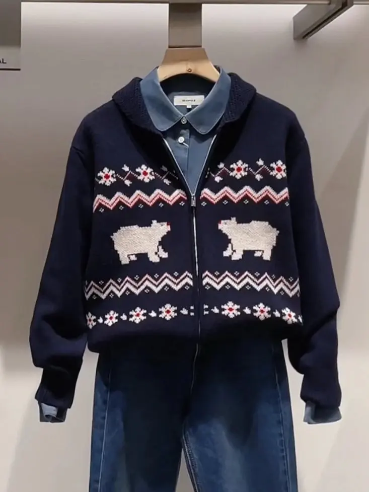 

Повседневный женский кардиган с круглым вырезом и принтом полярного медведя, короткий вязаный шерстяной пушистый жакет, удобная свободная верхняя одежда с длинными рукавами