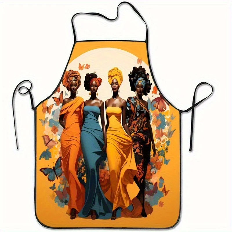 1pc Vibrant Women in Colorful Dresses & Butterflies Print Sleeveless Polyester Apron - Stylish Kitchen Baking & Home Decor Acces