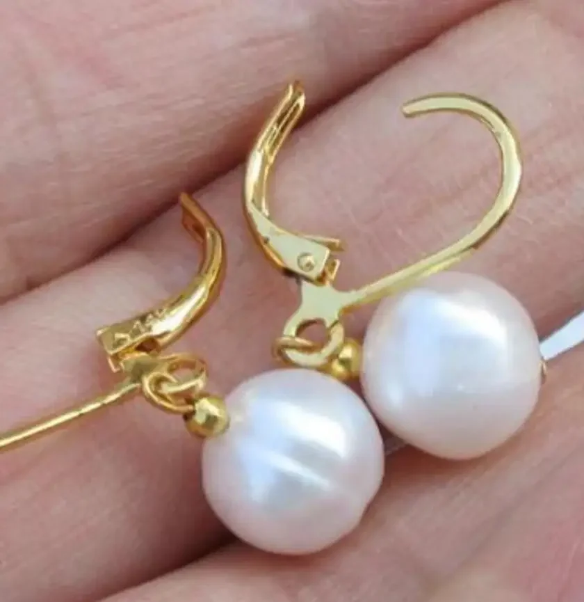 

huge 9.5-10mm White souths ea Pearl Leverback Earrings 14k/20