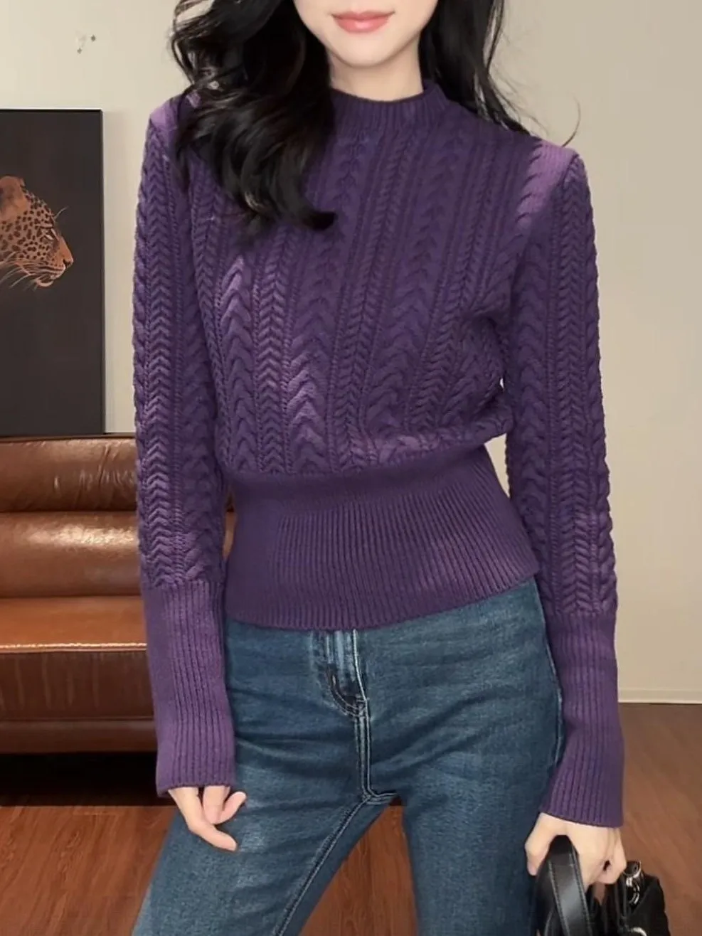 Women's Thiened Knitted Sweater Autumn Winter Casual Sle Turtlene Twist Waist Inward Wearing Long Sve round Ne Top