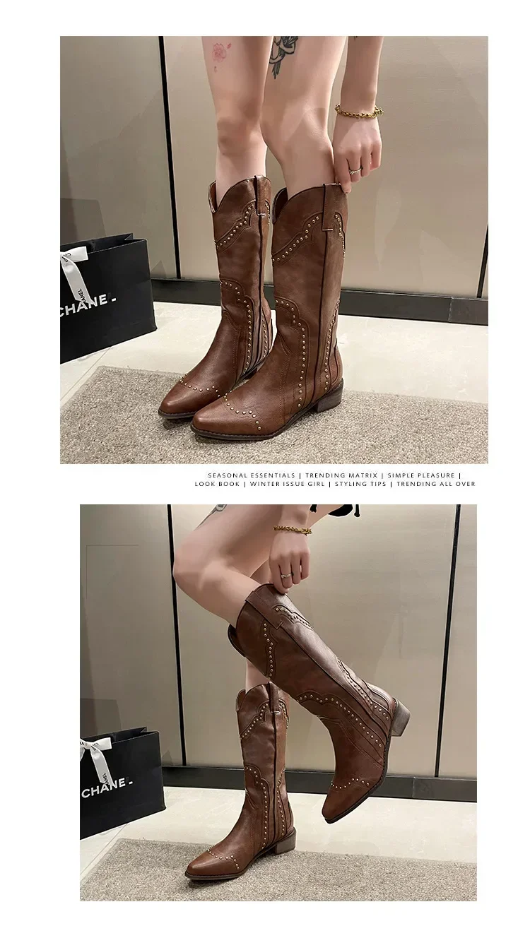 Retro Nieten-Cowboystiefel für Damen 2024 Herbst Klobige Absätze Western-Stiefel Slip-on Spitze Cowgirl-Stiefel – Detail 8
