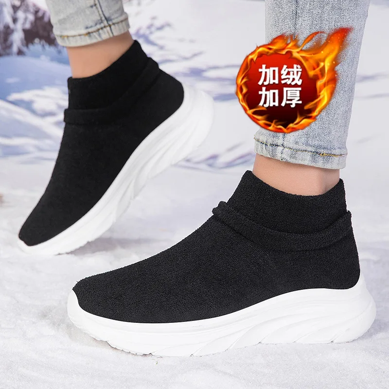 Winter Warm Fur-lined Stretchable Sock Sneakers for Men Women High Top Casual Sports Shoes Trainers Unisex Big Size 50