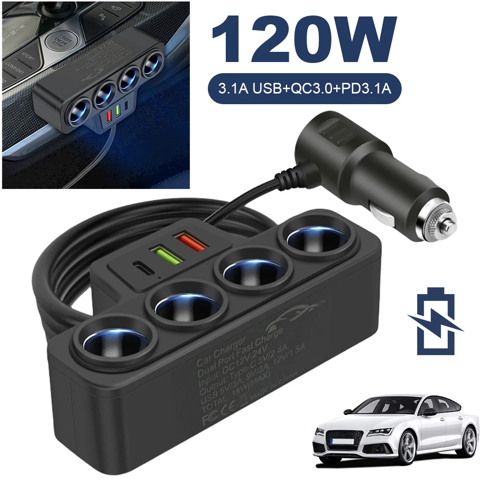 4 in 1 USB Type C Socket 120W Car Cigarette Lighter Splitter 12V 24V Fast Charger Phone Power Adapter for Car DVR GPS Dashcam