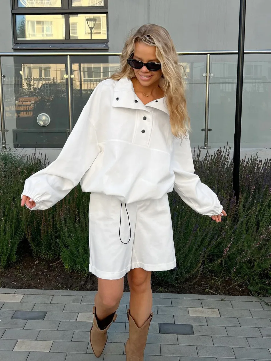 

European Solid Colors Mountain Polo Shirt Short Pant Set 2025 Spring Lantern Sleeve Top Casual Pants Two-piece Set New Design Wo