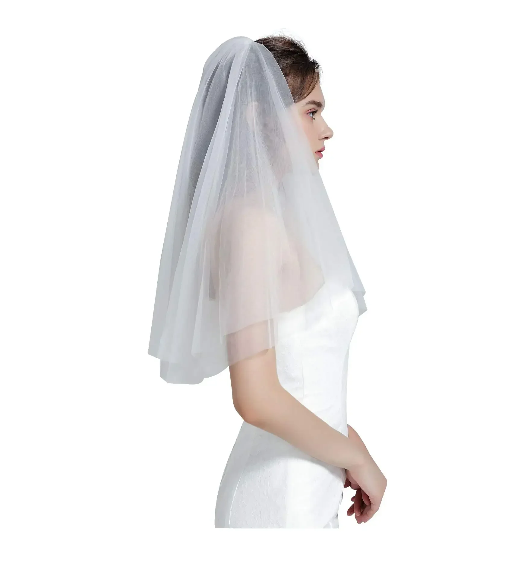 Wedding Bridal Veil Comb 2 Tier Cut Edge With Elbow Fingertip Length