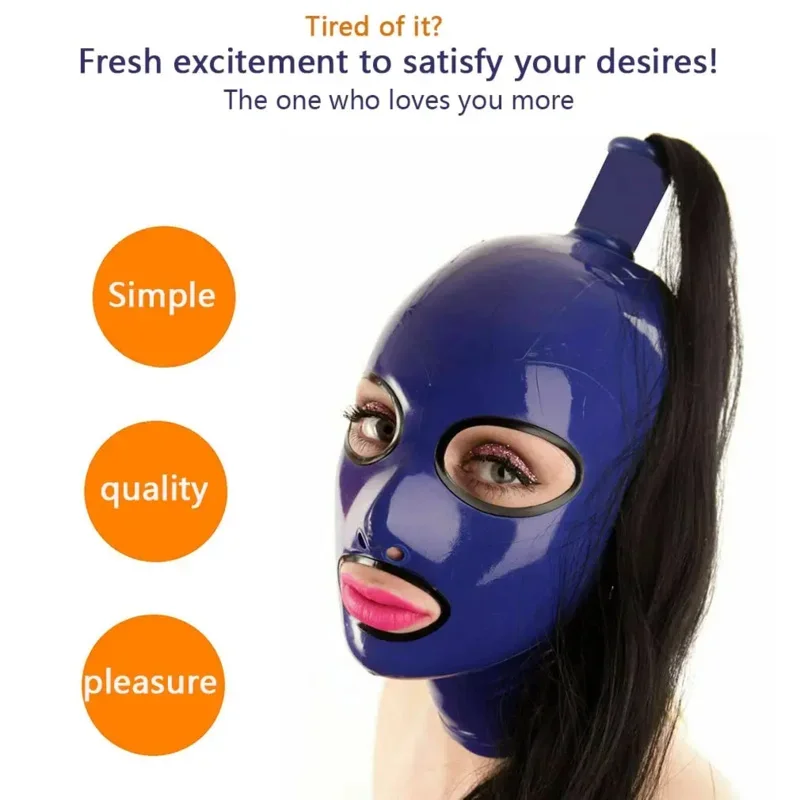 Blue Latex Unisex Hood Mask with Long Ponytail for Fetish Club Ball Cosplay Party Sexy Latex Head Hood Fresh Excitement Props