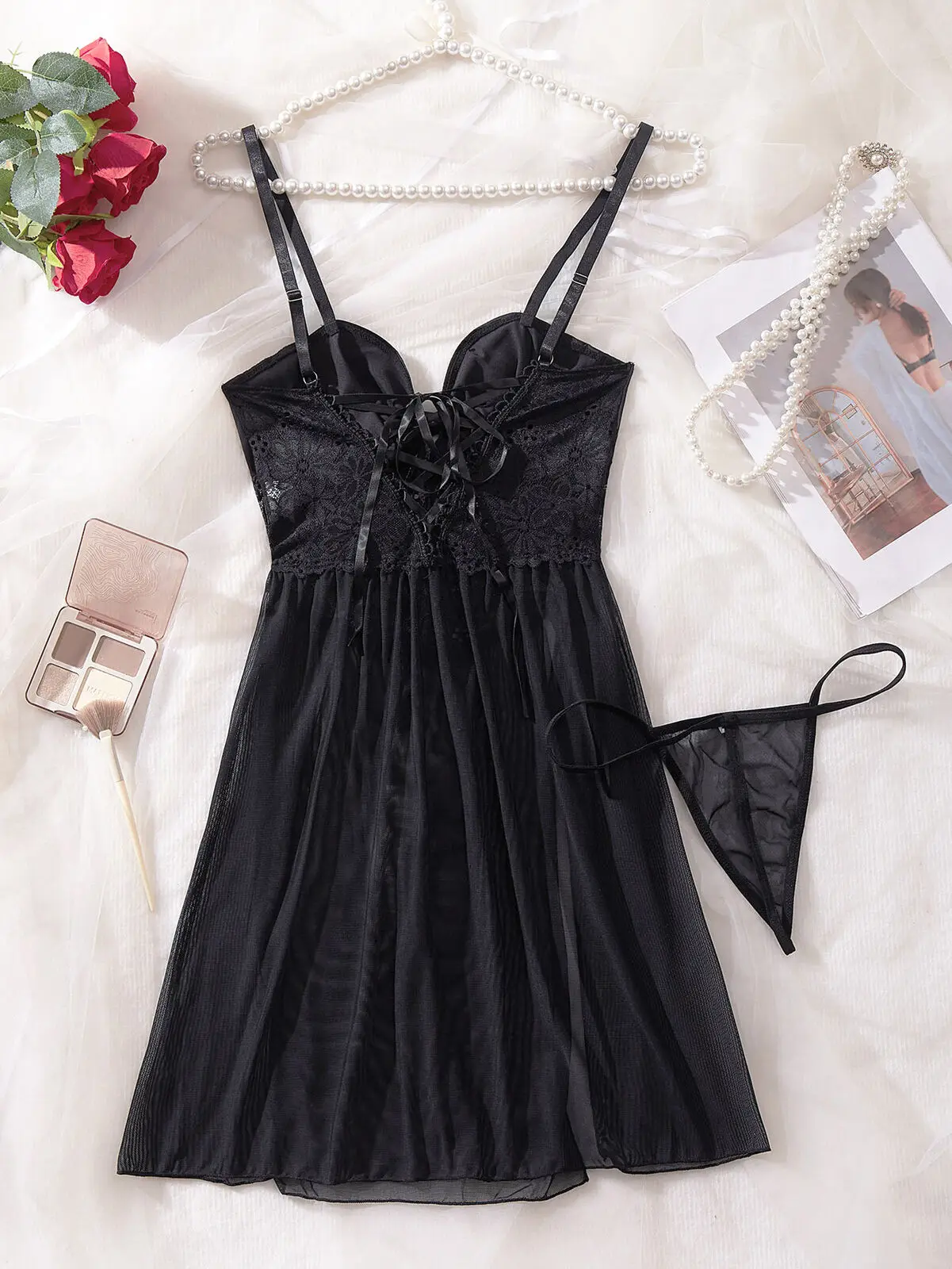 Femmes noir Sexy nuisette col en v Lingerie dentelle pure vêtements de nuit robe noire Teddy nuisette Chemise robe pour les femmes