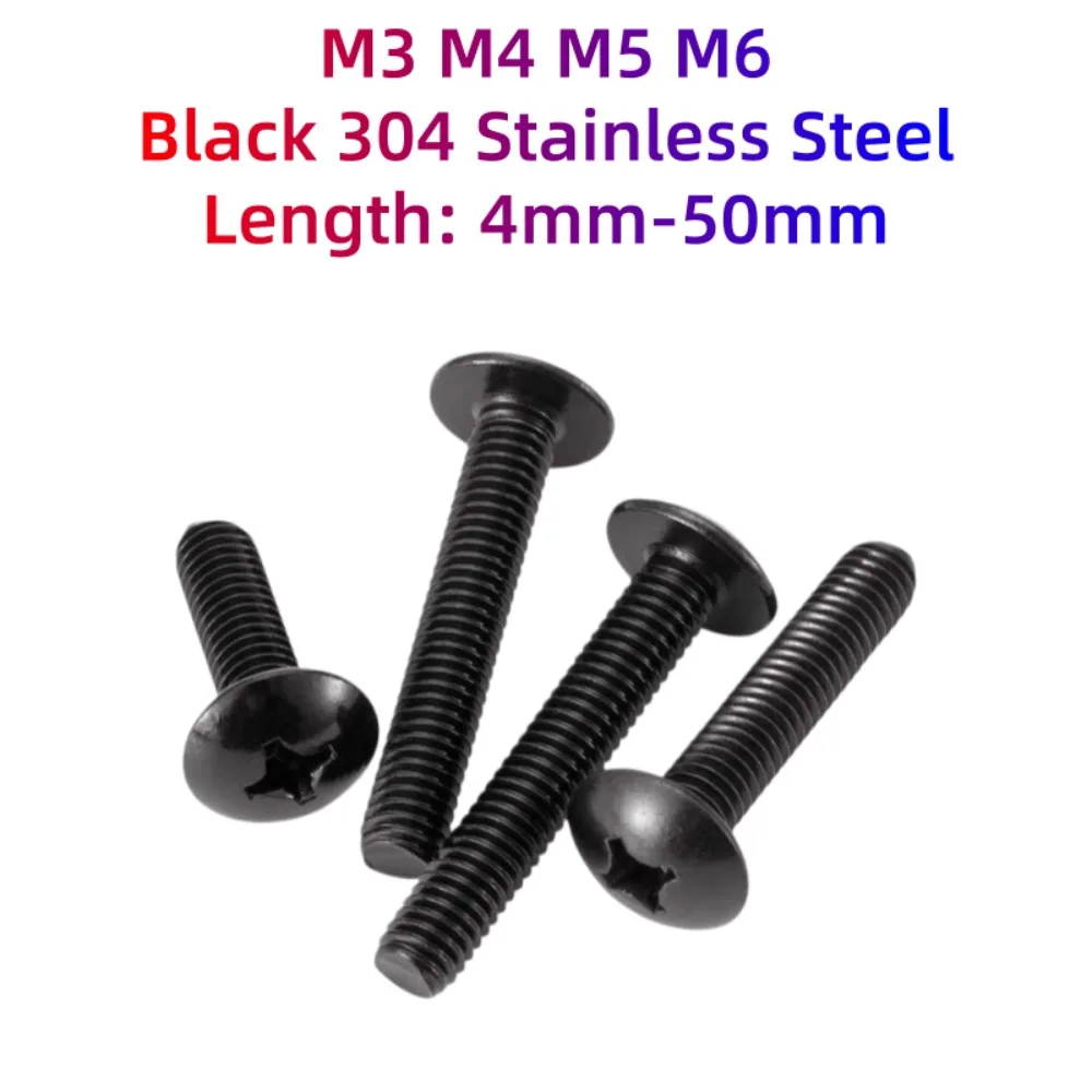 M3‑M6 Black 304 Stainless Steel Phillips Truss Head Screw YB406, Cross Recessed Large Mushroom Round Head Machine Bolt 4‑50mm