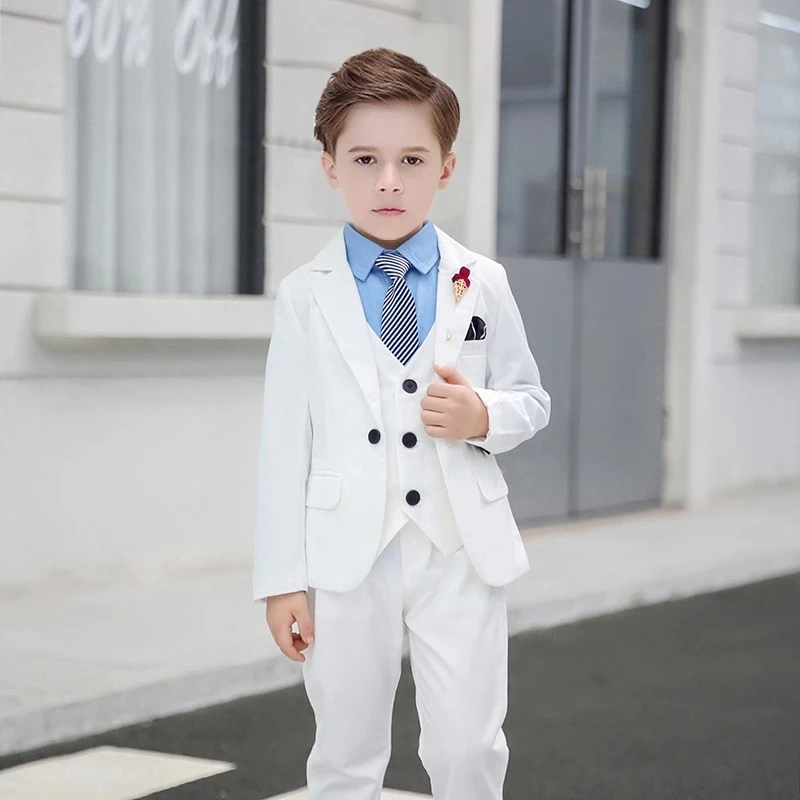 

Flower Boys White Black 4Pieces/Set Jacket Vest Pants Bowtie Wedding Suit Kids Formal Birthday Dress Children Party Show Costume