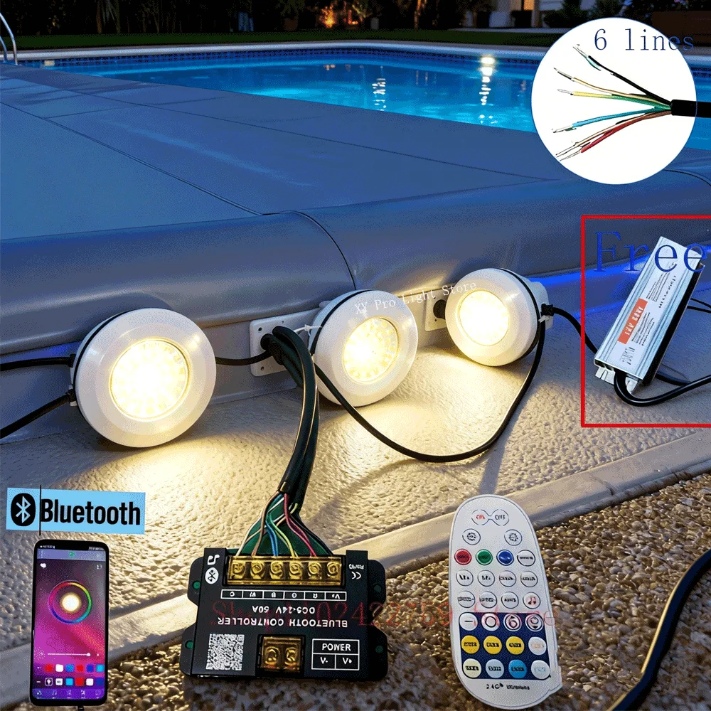 

Светодиодный светильник для бассейна 18 Вт RGBCW DC12V, 6 линий, управление через Bluetooth и приложение, IP68, подводный прожектор для фонтанов, ландшафта, бассейнов – лампа для освещения