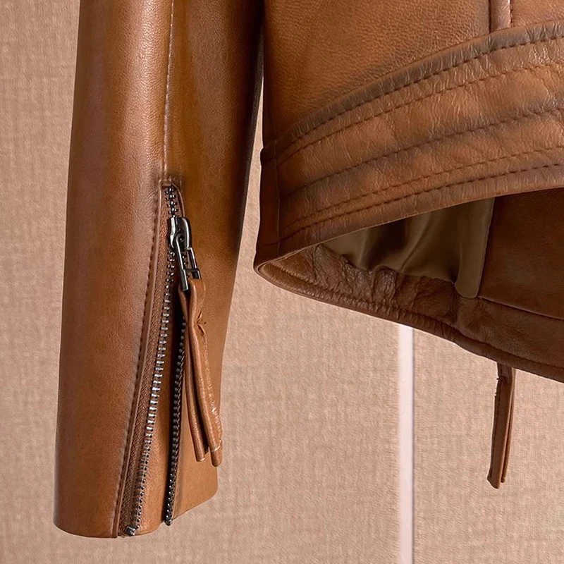 M-3XL Giacca in vera pelle per donna Autunno Inverno Stile corto Moto Vecchio cappotti da giacca slim fit in vera pelle di pecora retrò femminile